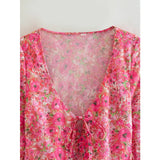 MQTIME  -  Summer Women Fashion With Tie Floral Print Mini Dress Vintage V Neck Long Sleeve Female Dresses Vestidos Mujer