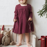 MQTIME  -  Girls' Cotton Linen Long-Sleeve Square-Neck Dress Autumn New Christmas Party Cute Ruched Loose Vintage Baby Girl Dresses