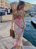 MQTIME  -  Patchwork Multi Print Cowl Neck Women's Dresses Thin Strap Bodycon Skirt Flared Hem Bodycon Skirt Full Length New Fashion