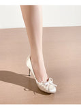 MQTIME  -  French Fairy Style Satin High Heels Female New Round Head Shallow Mouth Bow Single Shoes Female