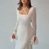 MQTIME  -  Elegant Square Neck Tie-up Chiffon Dress Women Casual Long Sleeve Solid Long Dress Fashion Backless Bandage Waist Party Dresses