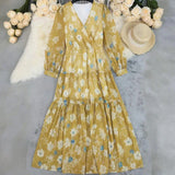 MQTIME  -  Elegant Flower Print Bohemian Party Dress Sexy V-neck Long Sleeve Pleated Long Dress Autumn Fashion Hight Waist Holiday Dresses