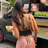 MQTIME  -  Lace Patchwork Halter Vest Women Fashion Backless Off Shoulder Lace-up Draped Neckline Cropped Top 2026 Lady Holiday Wear New