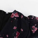 MQTIME  -  Fashion Floral Print Women's Mini Dress V Neck Puff Sleeve Elegant Patchwork Party Evening Gala Dress Female Dresses