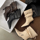 MQTIME  -  Autumn Winter Retro Soft Leather Weave Strap Women Ankle Boots Fashion Rivet Button High heels Slip-on Western Short Boots Shoes