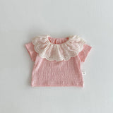 MQTIME  -  2025 Summer Baby Girls Clothes Big Lace Collar Girls Tee Solid Candy Color Base Ruffle Shirt Girls T Shirt