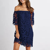 MQTIME  -  New Lace Dress Slash Neck Embroidery Mini Dress Hollow Out A-line Party Dresses Femme Elegant Short Vestidos