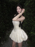 MQTIME  -  French Elegant Coquette Strapless Dress Women Ivory Mesh Ruched Waist Jacquard Bubble Hem Slim Fit Mini Dress Birthday Outfit