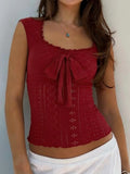  MQTIME  -  Y2k Solid Slim Bow Square Collar Sleeveless Sexy All Match Knitted Fashion Tanks