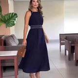 MQTIME  -  Summer New Simple Round Neck Sleeveless Women Dress High Waist Slim Fit Large Hem Female Long Dresses