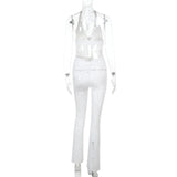 MQTIME  -  Metal Buckle Hollow Out See Through Lace Flare Jumpsuits Women Sexy V Neck Lace-up Halter Backless Slim Club Overalls Rompers