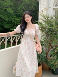 MQTIME  -  2024 Summer Elegant Puff Sleeve France Dress Female High Waist Slim Floral Print Holiday Midi Dress Women One Piece Beach Dress