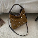 Retro Niche Metal Rivet Tote Bag for Women New Versatile Biker Style Shoulder Crossbody Bag