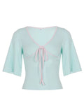MQTIME  -  Sweet Contrast Color V Neck Half Sleeve Temperament Slim All Match Y2k Knitted T-Shirts