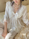 MQTIME  -  Spring New Lace Pajamas Suit Princess Style Nightwear  Rayon Stain Solid Long Sleeve Deep V-Neck Home Clothes