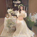 MQTIME  -  Women Photography Props Elegant White Elegant Dresses Set for Ruffles Top with Long Skirt 2pcs Studio Shooting Photo Clothes