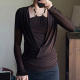 MQTIME  -  Y2K Grunge Solid Long Sleeve Fake Two T-shirts Vintage Fashion Beads Halter Pullover Tops 90s Women Basic Street T-shirt