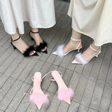 Mqtime Pointed Toe Women Sandals Fur Design Summer Dress Shoes Ankle Strap Thin Mid Heels Black White Pink Fashion Party Sandals 35-39