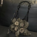 MQTIME  -   Fairy Core Rose Handbag Women Vintage Chinese Style Folds Chic Black Shoulder Bags Ladies Retro Sweet Cool Y2k Purses