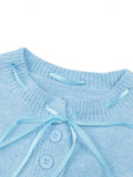 MQTIME  -  New Solid Button Tie Round Neck Knitted Jacket Autumn Women's Clothing Sweater Soft Blue Warm Long Sleeve Cardigan Tops Elegant