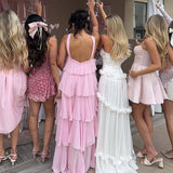 MQTIME  -  Women Ruffles Layered Dresses Summer Female Elegant Chiffon Backless Sleeveless Fluffy Long Dress Solid Color Lady Beach Robes
