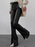 MQTIME  -  Women's High Waist Flare Pants Vertical Seam Slim Front Slit Hem Solid Long Trousers Autumn Fashion All-match Casual Outfit