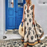 MQTIME  -  Women Bohemian Dress Deep V Neck A-Line Sleeveless Print Retro Maxi Dresses High Waist Loose Floor-Length Long Dress