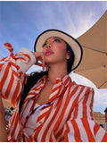  MQTIME  -  Women Orange White Vertical Stripe Shirt Lapel Collar Long Sleeve Cuff Tie Loose Pocket Front Shirts Lady Oversize Casual Blouse