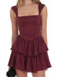 MQTIME  -  Women's Summer Mini Dress Sleeveless Square Neck Open Back Tiered Hem Dress Party Club Casual Dresses
