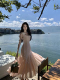 MQTIME  -  Sweet Elegant Pink Slip Backless Ruffles Pleated Fishtail Long Dresses Women Sexy Birthday Party Prom Evening Dress 2024 Summer