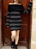  MQTIME  -  Elegant Knit Off Shoulder Sweater Dress with Chic Stripes and Boat Neckline Long Sleeves and Bodycon Fit - Perfect for