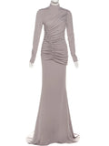  MQTIME  -  Women Ruched Maxi Dress Elegant Irregular Button Half High Collar Simple Evening Birthday Party Stretch Slim Bodycon