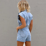 Mqtime  Casual Polo Collar Button-Up With Pockets Summer Jean Romper Women Flying Sleeve Belt Denim Playsuit