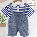 MQTIME  -  2Piece Summer Toddler Boy Outfits Korean Fashion Stripe Short Sleeve Cotton Baby Tops+Denim Overall Boutique Kids Clothing B071