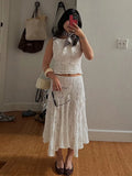  MQTIME  -  Casual Women's Skirt Set O-neck Sleeveless Top Long Skirts Female Lace Sets Summer Vacation Holiday Fashion Lady Outfit