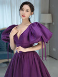 MQTIME  -   Sexy Purple Puff Sleeve Prom Party Dress Women Dark V Neck Satin Long Evening Dress Vestidos De Fiesta