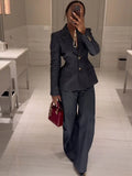  MQTIME  -  Women Denim Jacket Pants Sets Long Sleeve Blazer Coat Strapless Vests Straight Trousers Jeans Fashion High Street Outfit