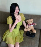 MQTIME  -  Slimming Bubble Hem Square Ne Chiffon ort Dr Women's Sexy Summer Sle Princ Waist Cinched Skirt