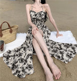 MQTIME  -  Summer French Fashion Spaghetti Strap Square Neck Sleeveless Party Evening Dress Woman Elegant Print Lace Up Midi Prom Dress
