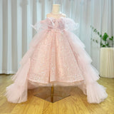 MQTIME  -  Sparkly Arabic Pink Girl Dress Beaded Pearls Dubai Kids Princess Birthday Wedding Party Ball Formal Gown 2024 J047