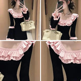 MQTIME  -  Y2K Patchwork Bodycon Dress with Ruffles & Flare Sleeves, Square Collar Slim Waist Vestidos for Women