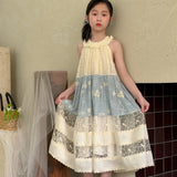 MQTIME  -  Girls Dress Spring and Summer New Childrens Clothing Korean Style Girl Baby Lace Splicing Flower Hanging Neck Halter Dress