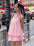 MQTIME  -  Elegant Pink Halter Dress Women Fashion Sleeveless Backless Layered Ruffle Loose Dresses  Summer Lady Beach Vacation Robes