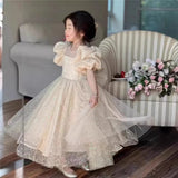MQTIME  -  Girls Princess Long Dress Fashion Bow Sequin Puff Sleeve Tutu High End Formal Party Gown Ball New Style Children Evening Dress