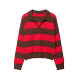 MQTIME  -  Striped Knit Pullover Women Polo Collar Half Single Breasted Long Sleeves Sweater Female Winter Chic Fashion Knitwears