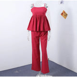  MQTIME  -  Orange Drawstring Women Wide Leg Pants Suit Elegant Sleeveless Ruffles Pleated Hem Sling Tops Lady Two Piece Set Street Outfits
