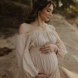 MQTIME  -  Bohemian Pregnancy Dress Vintage Comfortable Linen Cotton Off Shoulder Long Sleeved Dress Boho Style Baby Shower Dress