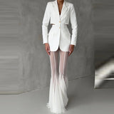 MQTIME  -  Women's Casual Patchwork Pleated Flared Pants Perspective Mesh Slim Trousers New Summer Elastic High Waist Club Long Pants