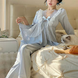 MQTIME  -  Spring New Lace Pajamas Suit Princess Style Nightwear  Rayon Stain Solid Long Sleeve Deep V-Neck Home Clothes