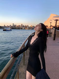MQTIME  -  Women's Black Bodycon Mini Dress Lace Cutout Neck Long Sleeve Lace Trim Slim Fit Elegant Party Evening Casual Fashion Lady Dress